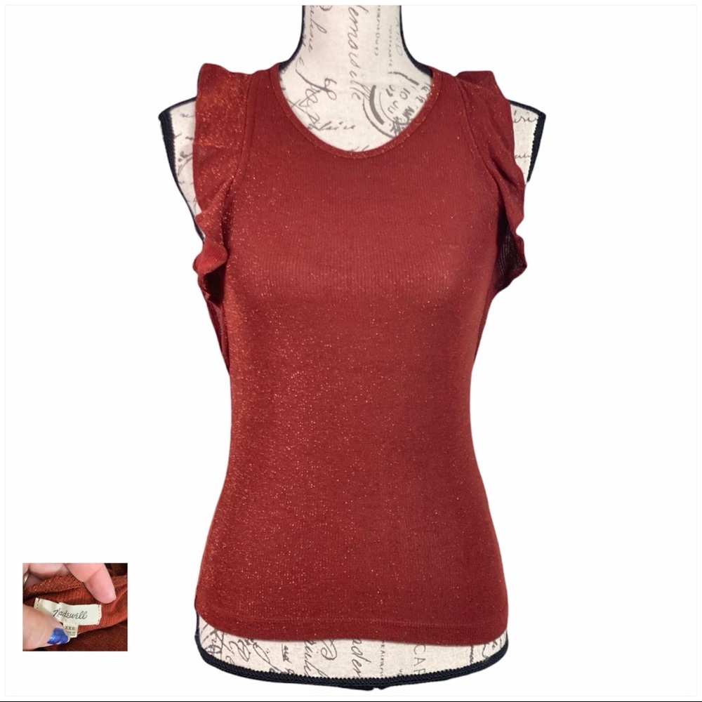 MADEWELL LN Rust Glitter Ruffle Sleeve Cropped Sweater Tank Top